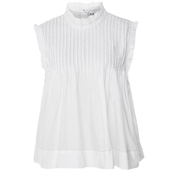 Ganni White Pintucked Ruffle Mock Neck Back Button Up Babydoll Blouse Top Size 8 - Picture 15 of 15